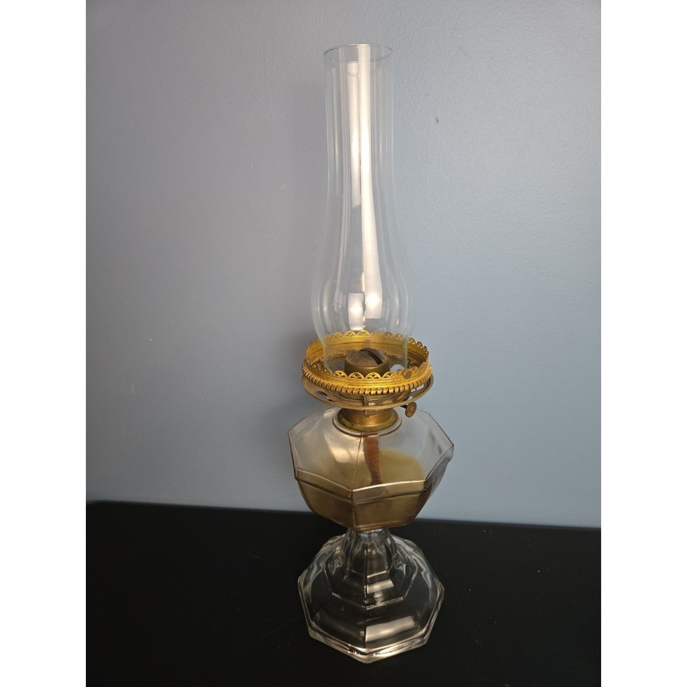 Huge Antique Greek Key Octagon Pedestal Oil Kerosine Lamp 20"
